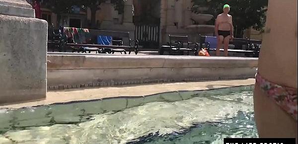  Girl almost caught masturbating in a public pool